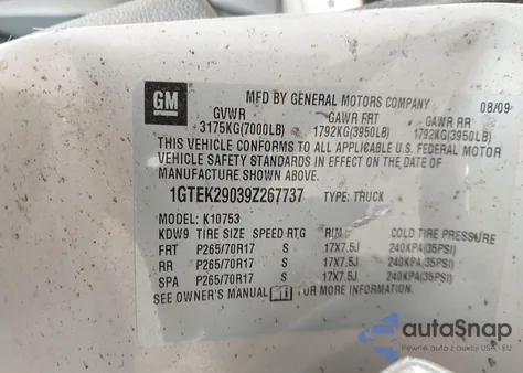 2009 GMC Sierra 1500 Sle from USA, damaged, VIN 1GTEK29039Z267737